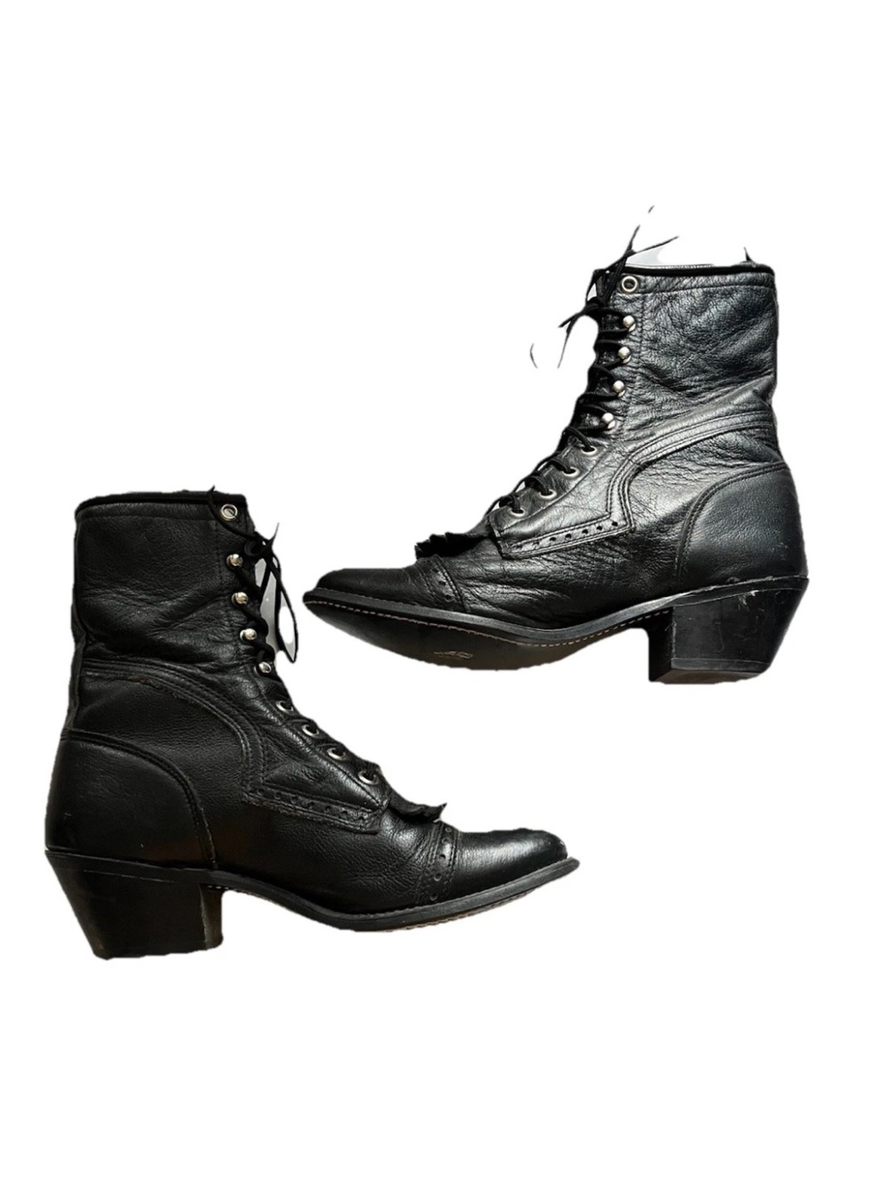 Vtg Capezio Kiltie Boots Heeled Granny Leather Western Lace Up Moto Black 7 1/2